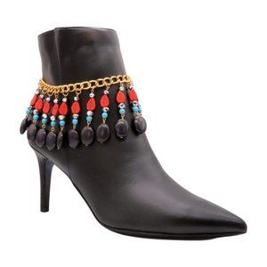 Women Gold Metal Boot Chain Bracelet Shoe Red Turquoise Beads Charm Mexican Look